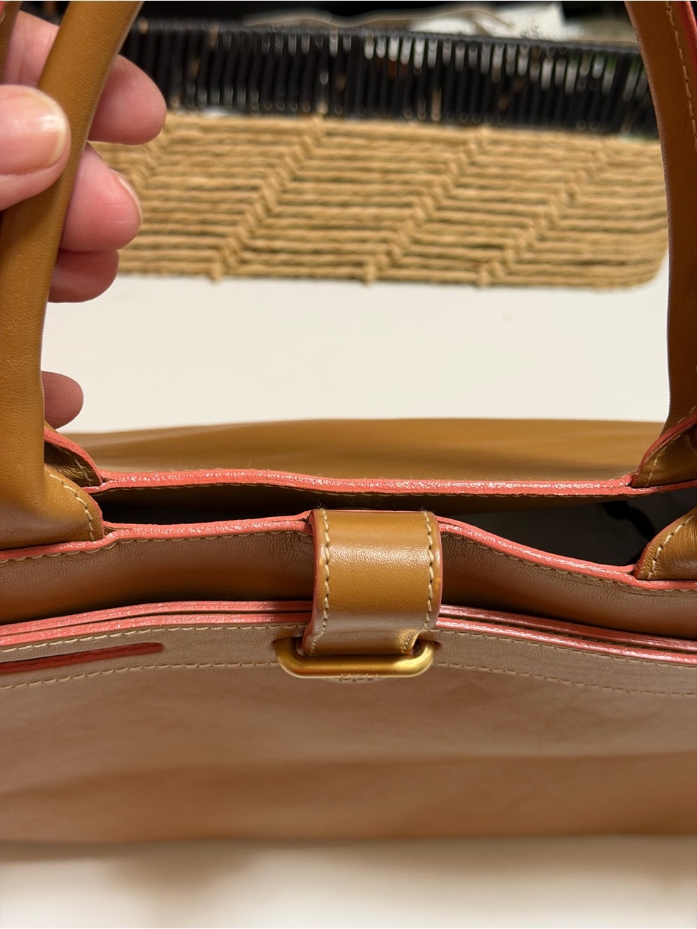 Furla Classic Tan Leather Tote Bag, tan with pink accent, excellent condition - Picture 15 of 15